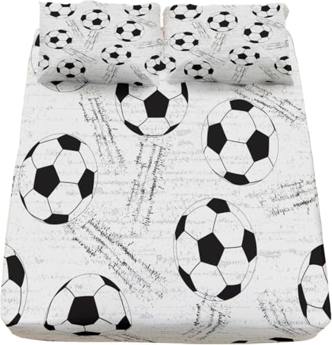 Latwerio Sabanas 105x200 Infantil Fútbol, 3D impresión Blanco Y Negro Sábana Bajera de Microfibre Suave y Cómoda, Funda de Colchón Sábana con Elástica Bolsillo Profundo 30 cm, Sabanas Cama 105, Q829