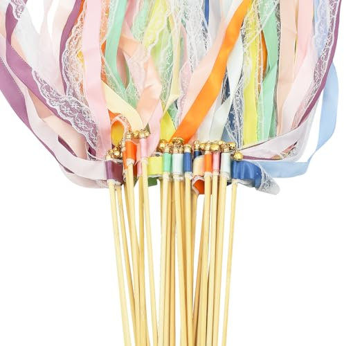 Coriver 30 Stück Wedding Wands, 6 Farben Zauberstäbe Hochzeit Luftschlangen Holzstäbchen werden mit Glocke, Band Wands für Hochzeitsdeko Gartenparty Feiertagsfeiern Verwendet