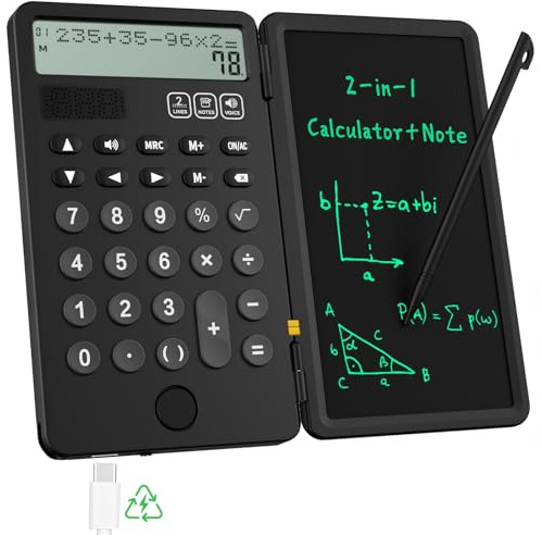 ROATEE Faltbarer 2-in-1 Sprechender Taschenrechner mit löschbarem LCD-Handschrifttablett, wiederaufladbarer Tischrechner große Tasten von mit 2-zeiligem Display Dunkelgrau