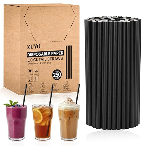 ZUVO - Disposable Paper Drinking Straws (250 Pack x 14cm) | Biodegradable Multi-Layer Design | Eco-Friendly Black Straws for Cocktails & Party Drinks