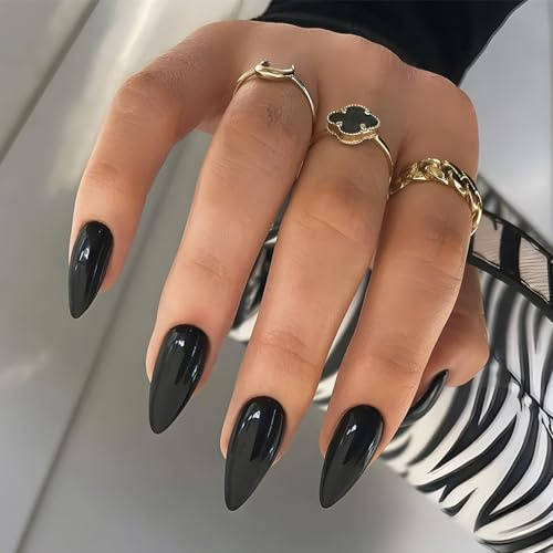 OuryTech Ongles à Presser Noirs, 24 Pièces Noir Intégral Amande Moyenne Stiletto Faux Ongles, Ongles Acryliques Réutilisables Couleur Pure avec Revêtement Protecteur UV, pour Femmes