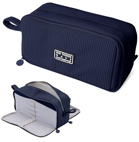 Koxtyzo Federmäppchen aus Cord-Stoff, Federtasche Mäppchen mit 3 Fächer und 12 Textmarker, Federmappe Mädchen Junge, Große Kapazität Schulmäppchen Pencil Case für Schule & Büro (Marineblau)