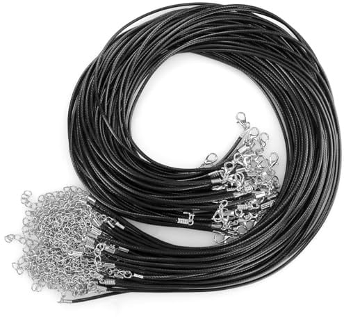 50 Pezzi 2 mm Filo Collana Nero con Moschettone,Cordoncino Collana Intrecciato,Cordino Collana Cerato,Solido Cordoncino in pelle Cera con Chiusura,per Perline,Bigiotteria