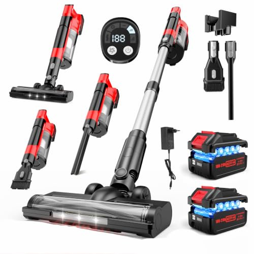 reffmov Akku Staubsauger,60000Pa/700W/70 Mins Staubsauger Kabellos mit 2 * 4,0 Ah Abnehmbaren Akkus,LED Touchscreen,Anti-Tangle Bodenbürste,2L Akkustaubsauger für Teppich/Tierhaare/Hartböden