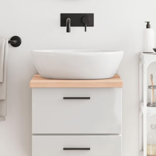 Piano lavabo in legno massello 40 x 60 x (2 – 4) cm in rovere non trattato con bordo naturale, realizzato a mano per bagno, versatile come scaffale, piano per armadio