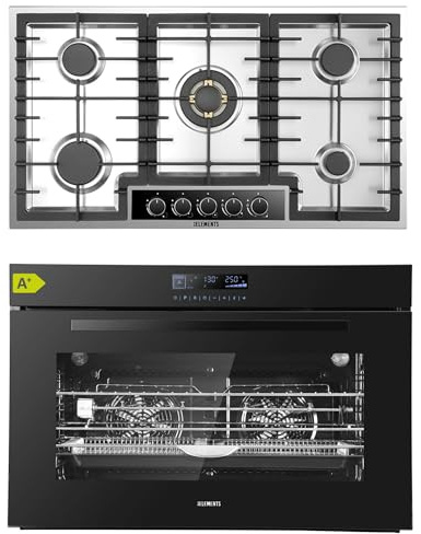 Gas Herdset | 90 cm Einbaubackofen | Gaskochfeld 5 flammig 90 cm | Gasokchfeld mit VOLLKUPFER-BRENNERN | Airfry Funktion | Grill | Heißluft | AQUA CLEAN