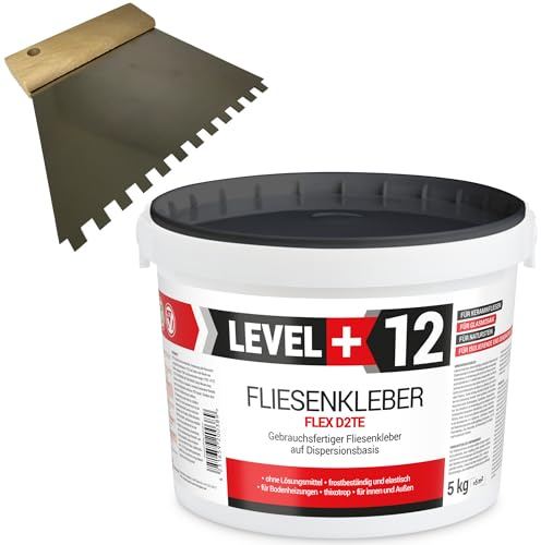 Level Plus 12 Fliesenkleber D2TE - Dispersionskleber für Innen & Außen | Gebrauchsfertiger Flexkleber für Fliesen, Feinsteinzeug, Naturstein & Glasmosaik - Weiß 5 kg + Zahnspachtel Edelstahl