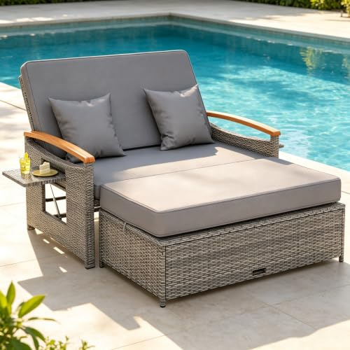 GIANTEX Lounge Möbel Outdoor, Outdoor Sofa, Gartensofa mit Liegefunktion, Garten Doppelliege Gartenliege 2 Personen, Gartenlounge Rattan, Balkon Lounge Sofa (Holzarmlehne + Gemischtes Grau + Grau)