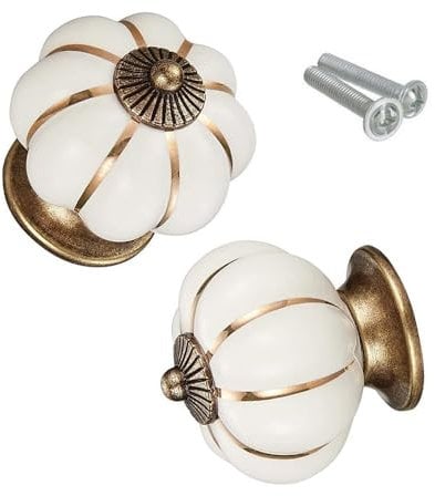 Cabinet Drawer Knob Door Handle, Pumpkin Ceramic Knobs Vintage Cupboard Knobs with Mounting Screws for Kitchen Cabinet, Drawers & Cupboard Doors- 2 Pack