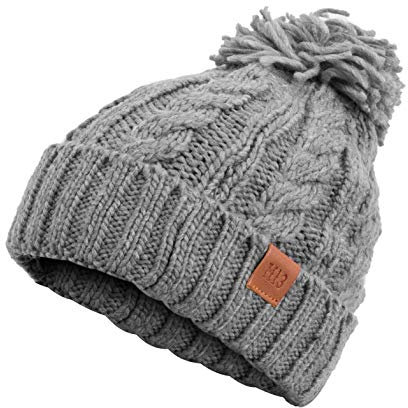 Rough Knit Beanie - Wintermütze, Strickmütze, Bommelmütze mit Leder Patch, Mütze für Herren & Damen (Manufaktur13/M13) (AshGray)
