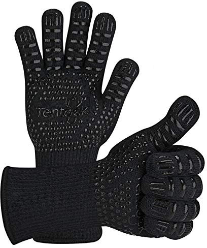 Tentock Grillhandschuhe Extremer Hitzebeständige Ofenhandschuhe bis 800 Grad, feuerfeste Silikon Handschuhe Kochhandschuhe für Küche & Piknick BBQ(schwarz)