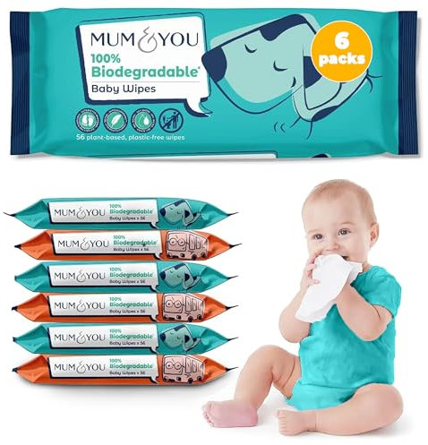 Mum & You Baby Wipes Multipack - 336 Biodegradable Wet Wipes (6 Packs) | 99.4% Water Wipes for Sensitive Newborn Skin | Baby Wipes Bulk, Bum Wipes, Wet Tissue, Eco-Friendly wet wipes baby