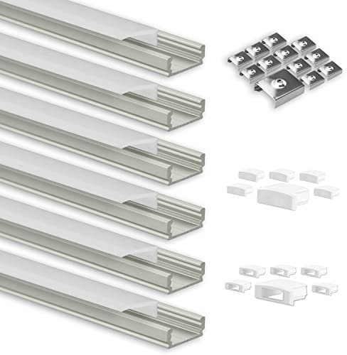 INNOVATE LED Leiste Aluminium [6x1m Aluprofil LED Streifen Set] U Profil Aluminium Indirekte Beleuchtung I Lichtleiste Deckenleisten (Silber/Milchig, Aufbauprofil Mini)