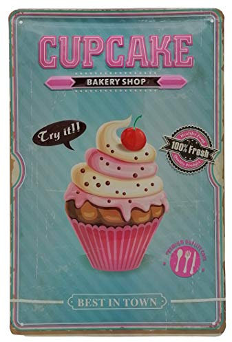 KÜCHENSCHILD Premium Cupcake, geprägtes Blechschild 30 x 20 cm, Bakery Shop Best in Town - Kuchen, Keks, Schokolade und Creme mit Kirsche Wanddekoration in türkis