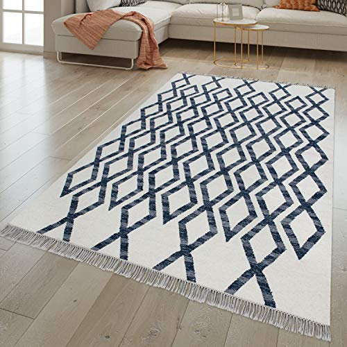 TT Home Wohnzimmer Teppich Handgewebt Geometrisches Skandi Design Wolle Baumwolle Blau, Größe:160x230 cm