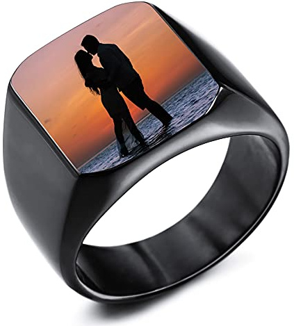 MeMeDIY Personalisiertes Siegelring Angepasst Gravur Farbbild Schwarz Weiß Foto für Männer Frauen Junge Mädchen Bester Freund Edelstahlband Jubiläumsgeschenk mit Ringgrößeneinstellern