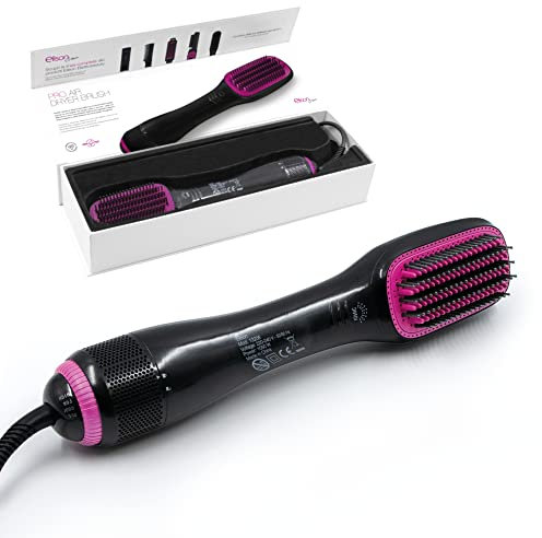 ELISON Elektrische Glättbürste, Warmluftbürste, Ionikbürste, 2 Typen von Zähnen, einstellbare Temperatur, mit Etui, Schwarz-Fuchsia