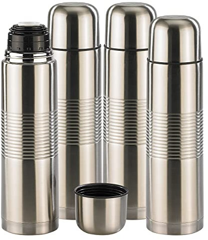 Rosenstein & Söhne Vakuum-Isolierflasche: 4er-Set Edelstahl-Isolierflaschen mit Becher im Deckel, 1,0 l (Tee Flasche, Thermokanne statt Thermo-Tasse, Trinkflasche)