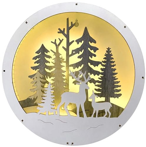 Wandbild mit 3D Weihnachtsmotiv Winterwald, aus Holz weiß, mit 7 LED warmweiss, Batteriebetrieb mit 6h Timerfunktion, runde Form 28,5cm