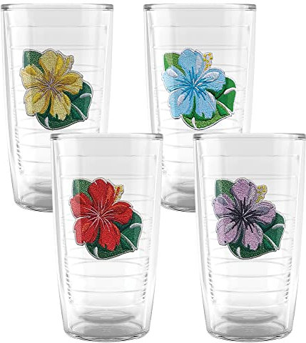 Tervis Island Collection Lot de 4 gobelets isothermes à double paroi, fabriqués aux États-Unis, 473 ml, motif hibiscus tropical assortis – Sans couvercle