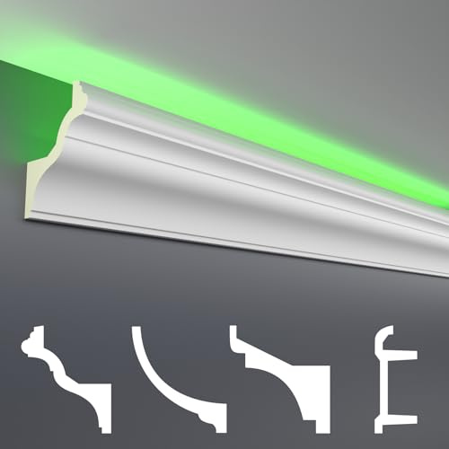 HEXIM LED Stuckleisten Muster - Indirekte Beleuchtung mit Deckenleisten aus PU, leicht & lichtundurchlässig- (20cm LED-6) Lichtvouten Fassaden Weiß