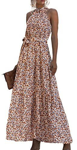 EFOFEI Femme Robe Soleil Longue Ceinturée d'Été sans Manches Robe De Mariée Vacances Robes Soirée Bohème Fleur Blanc Rose L