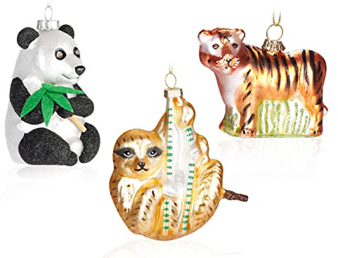 BRUBAKER Weihnachtskugel Set Tiere Mix - Panda Faultier und Tiger - Handbemalte Baumkugeln - Mundgeblasener Christbaumschmuck aus Glas - Baumschmuck Lustig - 3-teilig