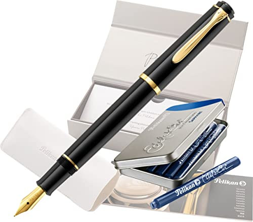 Pelikan Füllhalter Classic 200, Schwarz, Feder B (breit), hochwertiger Patronenfüller im Geschenk-Etui mit 10 Edelstein Sapphire (blau) Patronen im Metalletui
