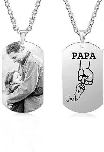 kaululu Personalisierte Kette mit Bild Edelstahlkette Herren Kette mit Namen der Familie Kettenanhänger Silber Kette mit Gravur Personalisierte Geschenke Männer Vatertagsgeschenk von Sohn