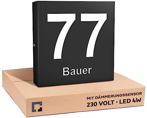 PRINTIMA Premium Gravur Personalisierter Hausnummer Anthrazit Beleuchtet Led Strom 230V, Hausnummernschild mit Dämmerungssensor |30x30cm, 4W /A+++| Wasserdicht, Funktion trifft auf Qualität und Stil