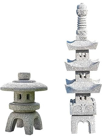 IDYL 2er Set | Steinlaterne aus Granit Pagoda 3stöckig 100 cm + Granit-Stein Laterne Senyu Ji Frostfest | Höhe 60 cm | Grau |Massiv | Handarbeit | Asiatische Dekoration für Garten und Teich