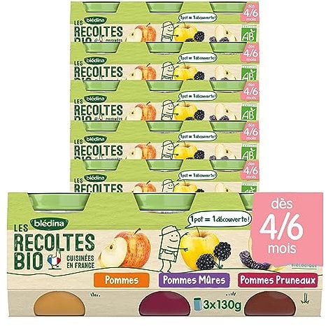 Bledina Les Récoltes Bio - 1 Pommes + 1 Pommes Mûres + 1 Pommes Pruneaux, Lot de 18 pots (6 x 3 pots de 130g)