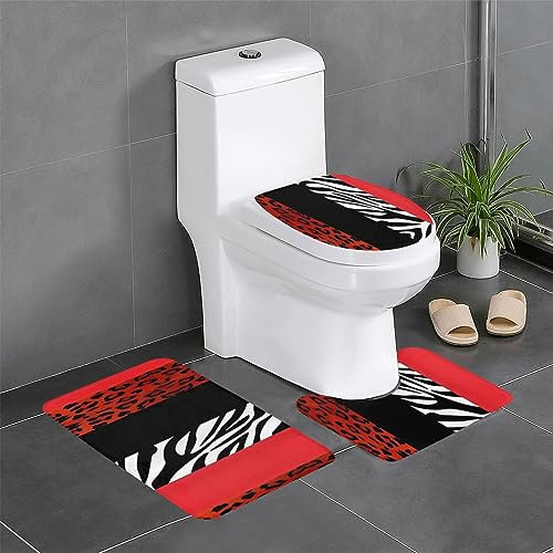 OPSREY Badezimmerteppich, Leoparden- und Zebramuster, weich, rutschfest, 3 Stück, Silhouettenmatte + Toilettenbezug + Badematte