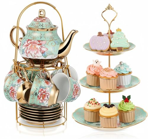 Maxcheck 21 Pcs Porcelain Tea Set for Women Tea Party, Fresh Style