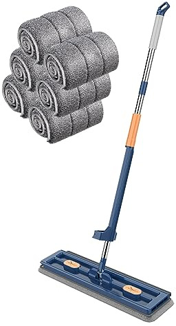 Junerain Große Flachmopps mit wiederverwendbaren Wischpads, Mikrofaser-Flachmopp, 42 cm, freihändiger Quetschmopp, einziehbarer Griff, 360°-Drehung, trockener und Nasser Flachmopp for Fliese