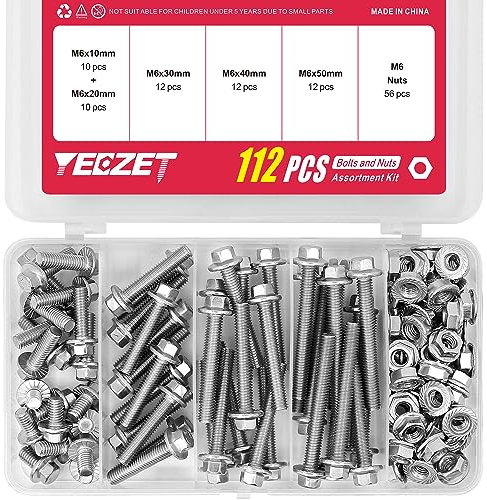 Kit de Boulons et Écrous à Tête Hexagonale à Bride de 112 Pièces M6 en Acier Inoxydable 304. Inclut Les Longueurs de 10mm, 20mm, 30mm, 40mm, 50mm.