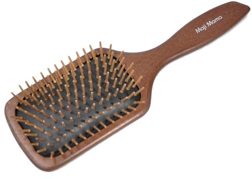 Maji Mama Spazzola per capelli fatta a mano in legno, per donne e uomini, con perni in bambù, massaggiante e districante, per capelli ricci, spessi, lunghi, asciutti e bagnati (a forma di pagaia)