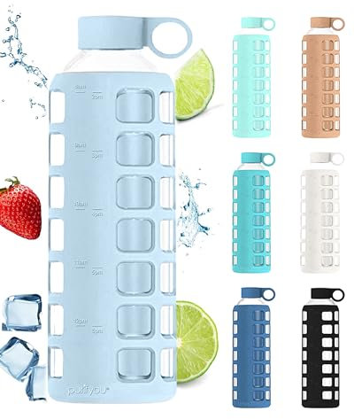 purifyou Premium Glass Water Bottles - 102/81/56/355ml - Reusable Bottle with Time and Volume Markings - Silicone Sleeve and Stainless Steel Lid for