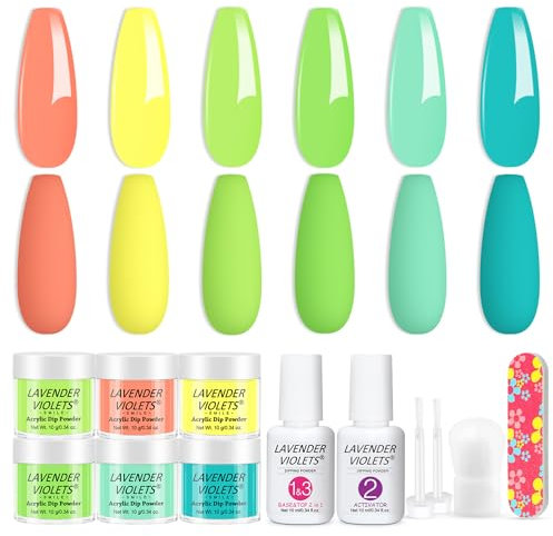 Lavender Violets 12 Pcs Dip Powder Nail Kit Spring 2 Summer Colours Lemon Yellow Light Pink Neon Green Blue Dipping Powder Liquid Set 2 in 1 Base & Top Coat Activator Nail Art Manicure M211
