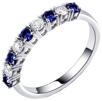 Ring Damen, Partnerringe Platin 18 Karat Weißgold 5 Lab Saphir 0.36CT Blau Rundschliff VVS mit 4 Diamant 0.26CT Weiß Größe 56 (17.8) Gravur