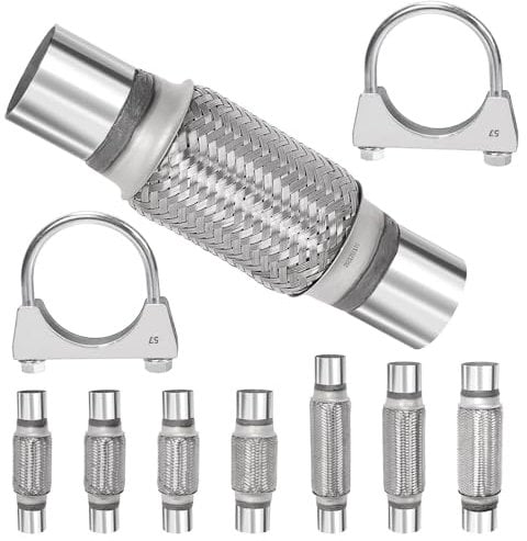 Swpeet 3Pcs 2.2 x 6 Inches Exhaust Flex Pipe with 2.2 Inches Exhaust U Clamp Kit, Universal Type Stainless Steel Double Braid Portion Zinc Pipes Exhaust Flex Tube Ideal for Heavy Duty and Cars