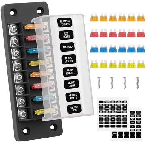 GUNGY Sicherungshalter 12 Volt KFZ Sicherungskasten 8 Fach Sicherungshalter Flachsicherung mit 24Pcs Sicherungen und Etiketten für Auto Boot Wohnmobil