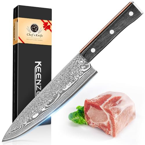 KEENZO Damastmesser Kochmesser 8 inch,Chefmesser aus 67 Lagen Damaststahl Scharfe Messerklinge 20cm Küchenmesser mit Ergonomischer Griff für Haus und Küche, Geschenkbox