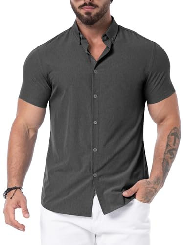 QIXING Men's Muscle Fit Shirts Wrinkle-Free Short Sleeve Casual Shirt Stretch Slim Button Down Shirt(VG Charcoal Black, L)