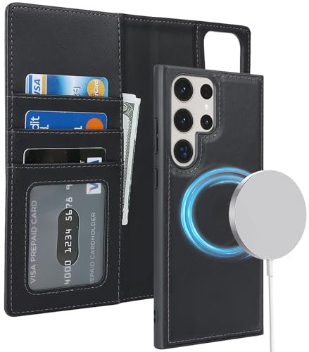 ELTEKER Samsung Galaxy S22 Ultra Case, Removable Magnetic Wireless Charging, Mobile Phone Case Galaxy S22 Ultra Flip Case with Card Slot, Protective Leather Case for Galaxy S22 Ultra 5G, Black