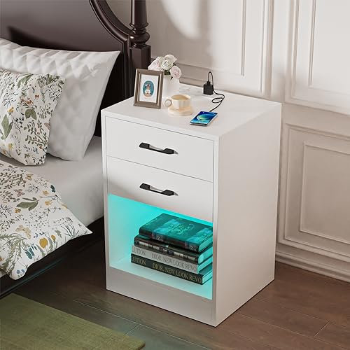 OXFENSEE Mesilla de noche con LED con estación de carga, mesa de noche con 2 cajones, mesa auxiliar de 2 puertos y 2 tomas USB y 16 colores luces LED para sala de estar, dormitorio (blanco)