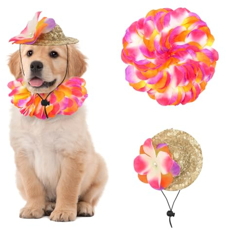 Costume hawaïen pour chien, 1 guirlande de fleurs et 1 chapeau de paille hawaïen pour chien, chiot, chat, fête, déguisement, cosplay