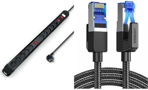 WAYTEX 52157 Multiprise 10 Prises avec 2 interrupteurs Parasurtenseur Câble 1,50m & UGREEN Cat 8 Câble Ethernet Réseau RJ45 Super Débit 40Gbps 2000MHz Nylon Tressé Double Blindage