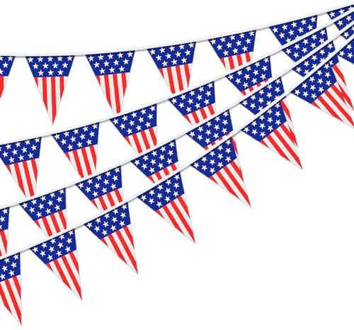 10M American Flag Bunting,30Pcs Triangles USA Flag Bunting Outdoor Waterproof Fabric Bunting Banner for 4th July Independence Decorations, Veterans Day,Wild West Party