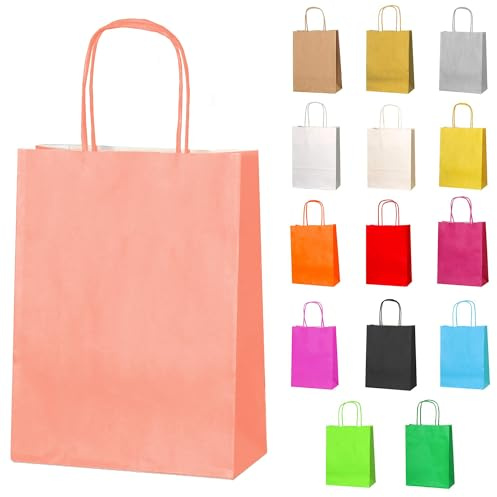 Thepaperbagstore 50 Coral Small Paper Bags with Twist Handles, 18x22x8cm | colour recyclable kraft, ideal for sweets, favours, gifts, weddings, birthdays, parties and events